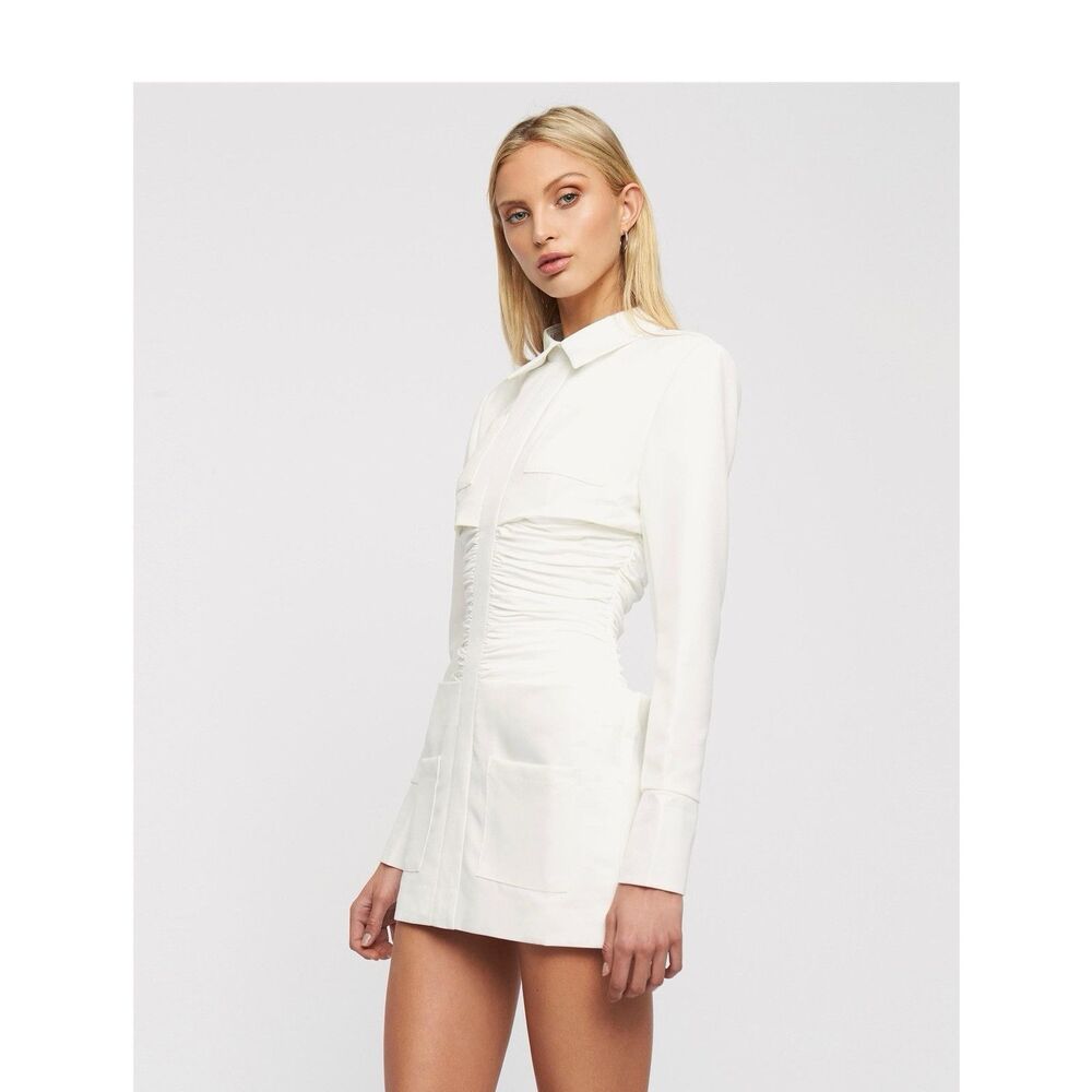 Lioness White Ruched Collared Long Sleeve Mini Shirt Dress Size L